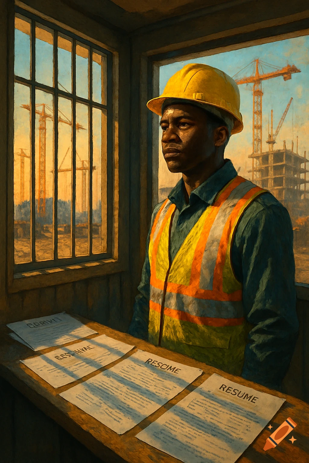A determined Black man in a hard hat and safety vest stands in a guard shack with resumes, overlooking a construction site at sunset. Painterly style.
