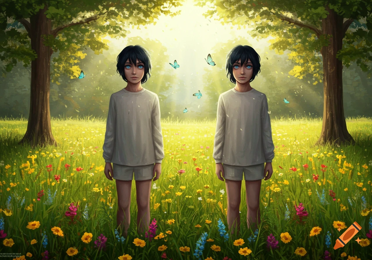 Two anime-style twin boys with black hair and blue eyes stand in a vibrant wildflower field with trees and butterflies, bathed in sunlight.