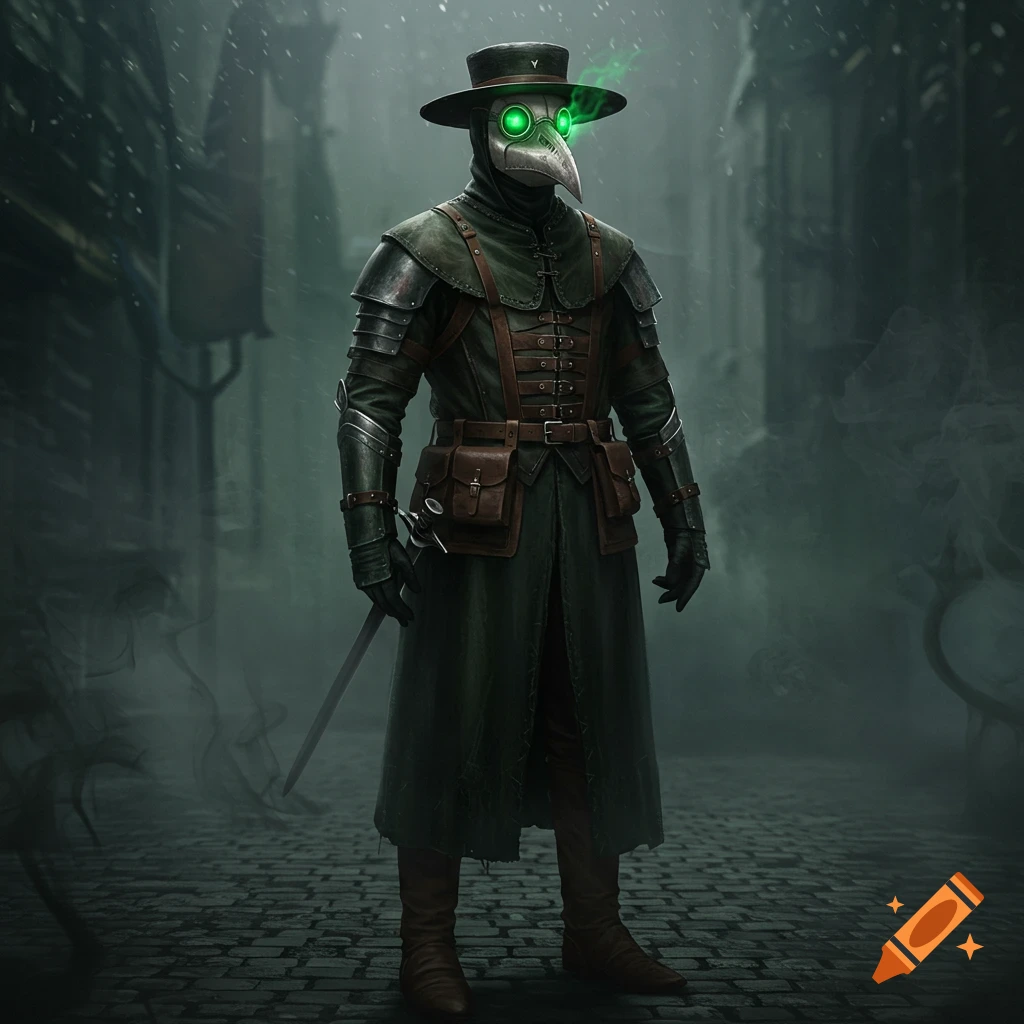 A military plague doctor in dark green and brown leather and steel armor stands on a misty, cobblestone street, with glowing neon green eyes.