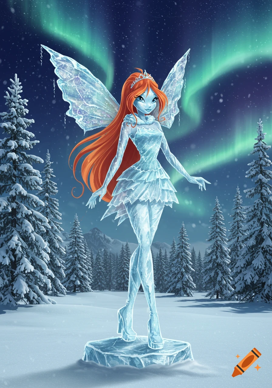 Bloom from Winx Club as an ice statue in a snowy forest under the aurora borealis.