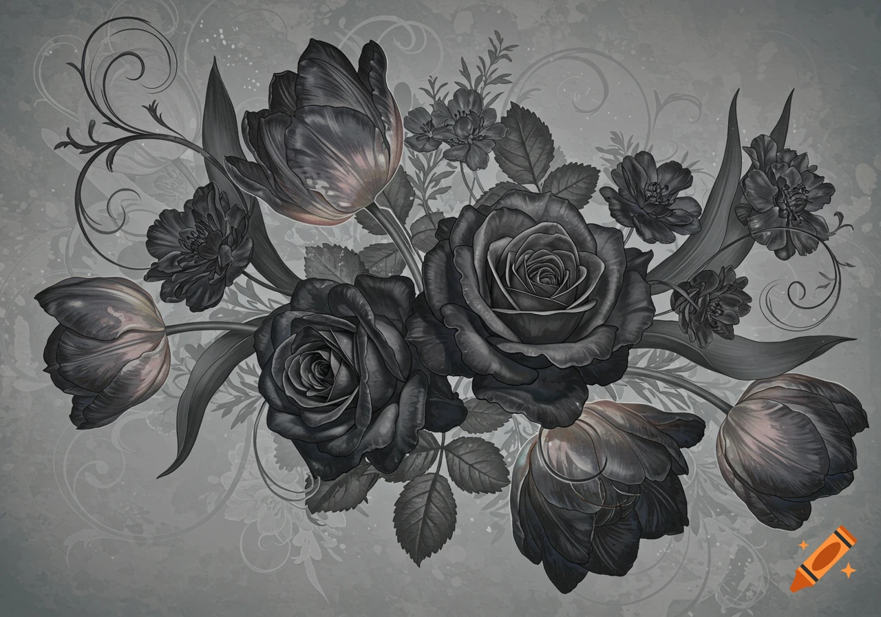 Detailed black and gray floral arrangement with roses and tulips on a textured background.