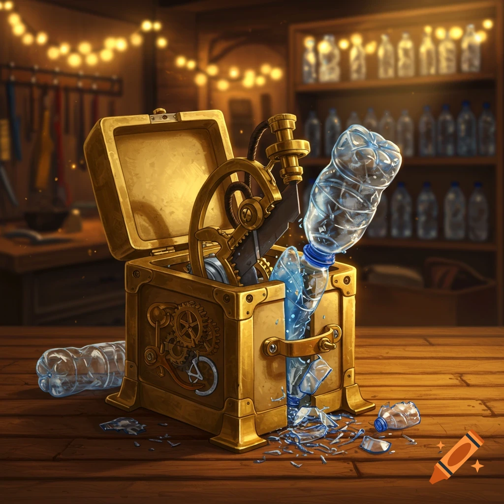 A golden steampunk machine in a workshop actively peeling and breaking plastic bottles, with shattered plastic on the wooden floor.