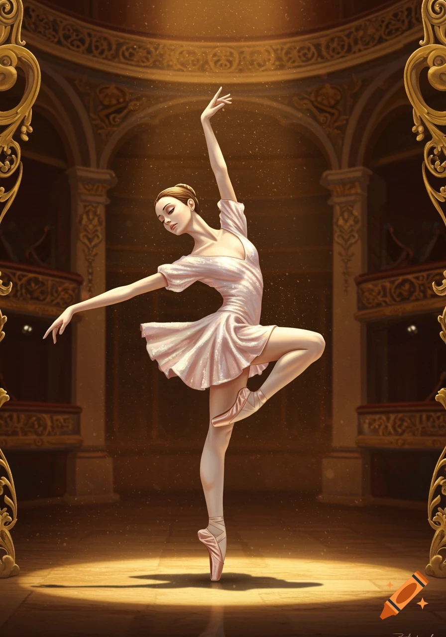 A ballerina in a pink dress strikes a graceful pose on a dimly lit stage in a grand theater, illuminated by a spotlight.