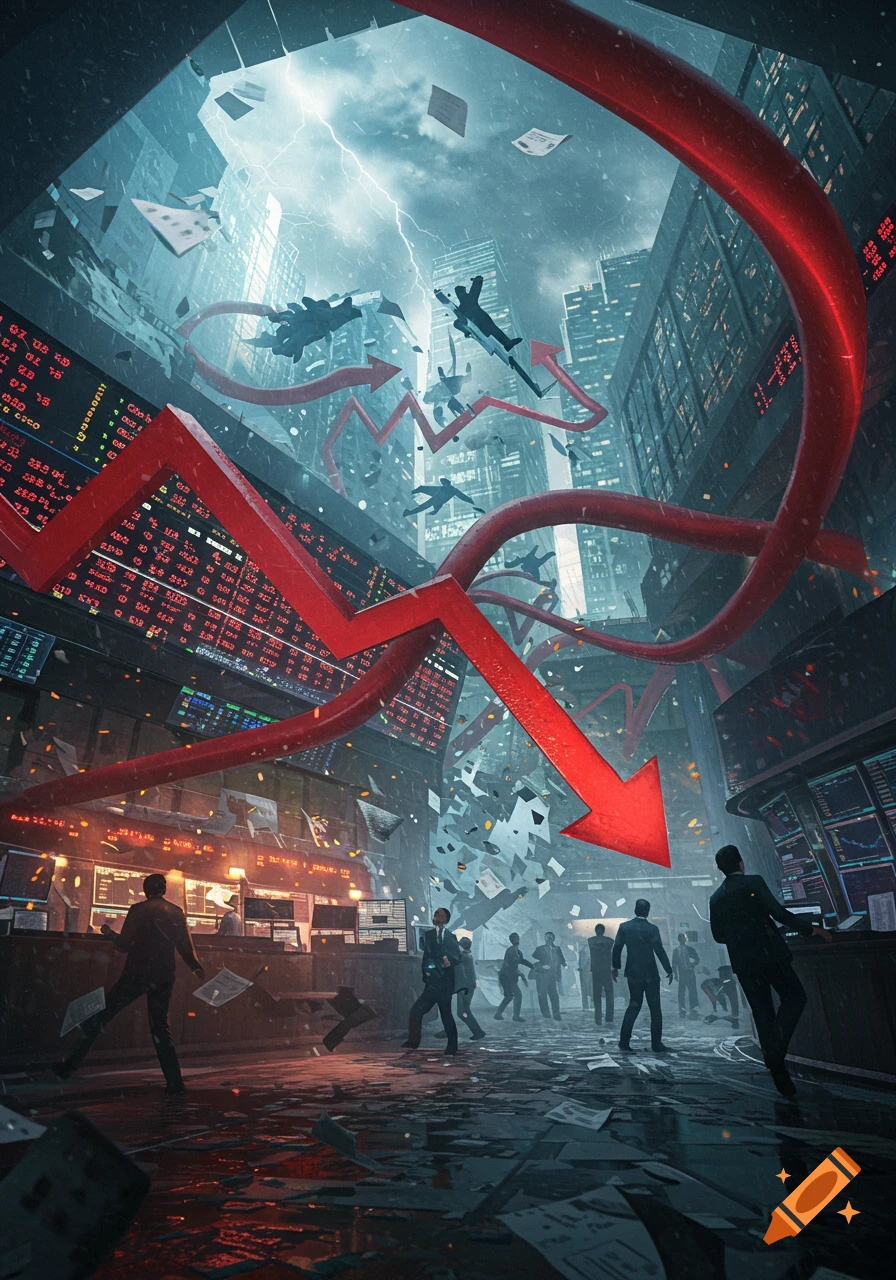 A chaotic stock market crash with businessmen, falling papers, and a large red down arrow amidst skyscrapers and stormy skies.