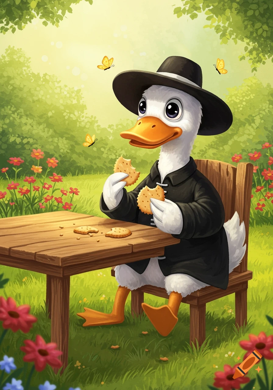 A cartoon duck wearing a black hat and coat sits at a wooden table in a sunny garden, eating crackers. Butterflies flutter around.