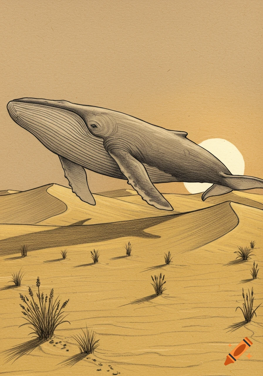 Pencil sketch of a whale flying over desert dunes with a setting sun.