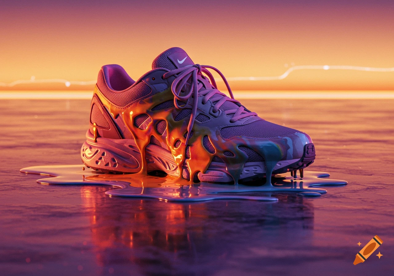 A purple running shoe covered in melting colorful goo, on a reflective surface with a vibrant sunset background.