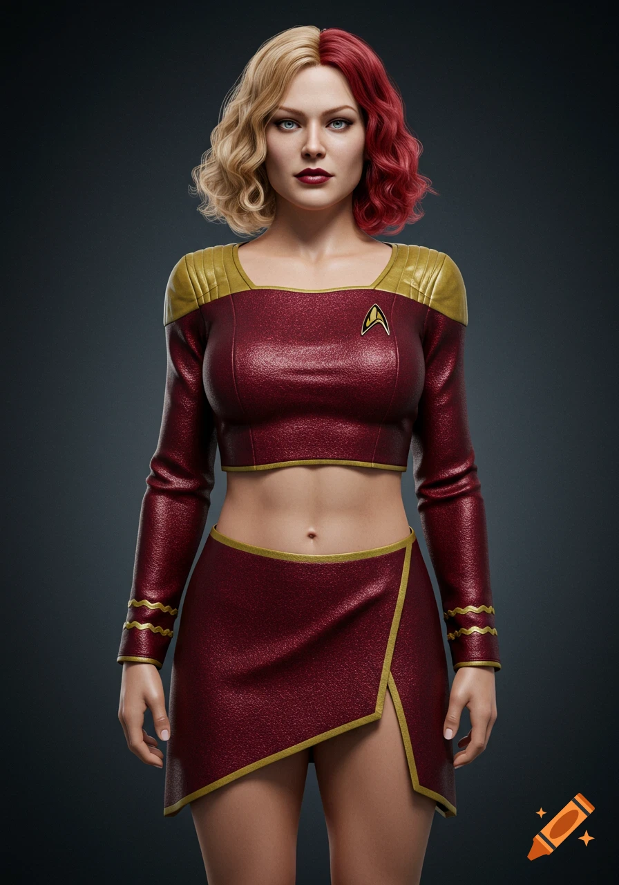 Photorealistic portrait of a woman with half blonde, half red hair, in a red and gold Star Trek-inspired crop top and mini skirt.