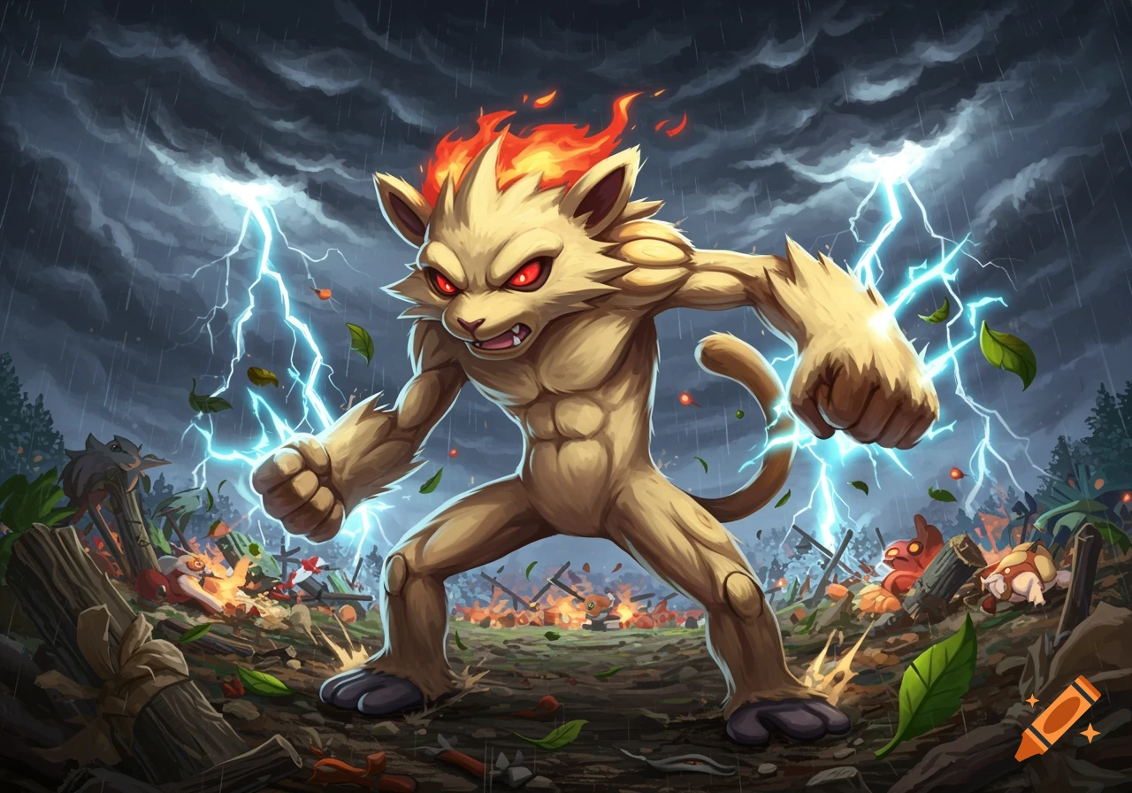 An angry, muscular, monkey-like Pok emon with fiery hair and red eyes stands powerfully in a stormy, chaotic landscape with lightning bolts.
