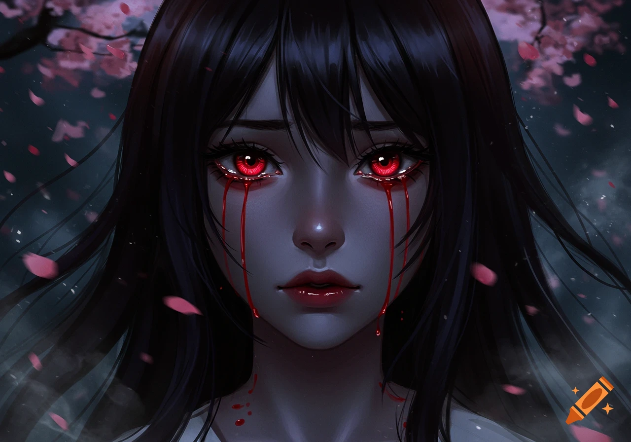 Anime portrait of a girl with long dark hair, glowing red eyes, and red tears streaming down her face, with cherry blossoms in the background.