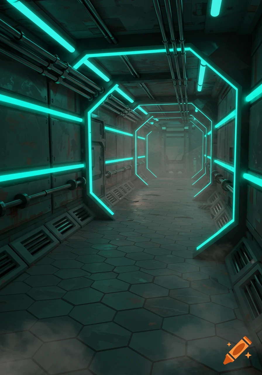 A low-poly, PS1-style sci-fi hallway with glowing cyan lights and a hexagonal floor.