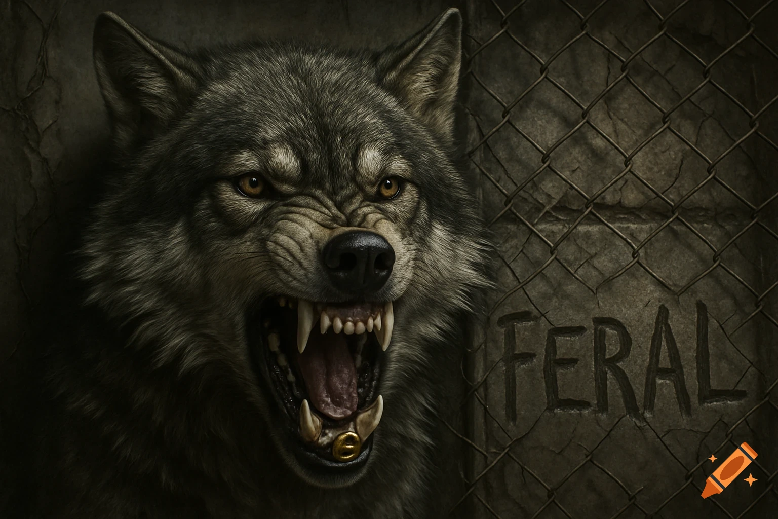 A snarling wolf head with bared fangs and glowing eyes, a golden object in its mouth, behind a chainlink fence with 'FERAL' etched into the concrete wall.