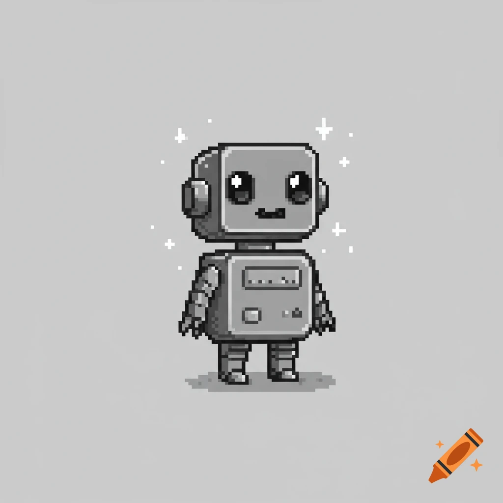 A grayscale 1-bit pixel art illustration of a cute, friendly robot with large eyes and small sparkles around its head.