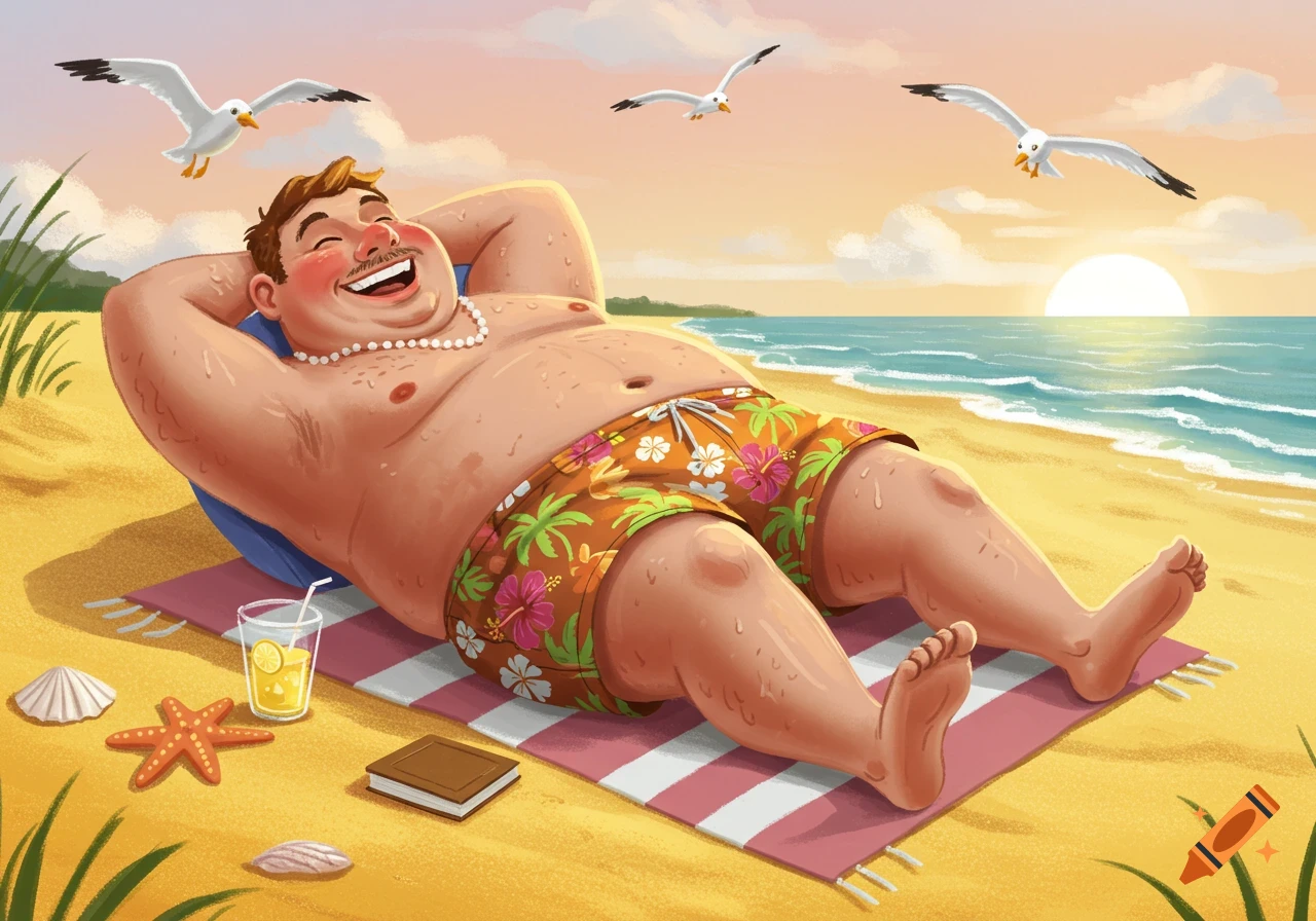 An illustration of a happy, plump man with a mustache relaxing on a striped towel on a sunny beach, with seagulls flying above.