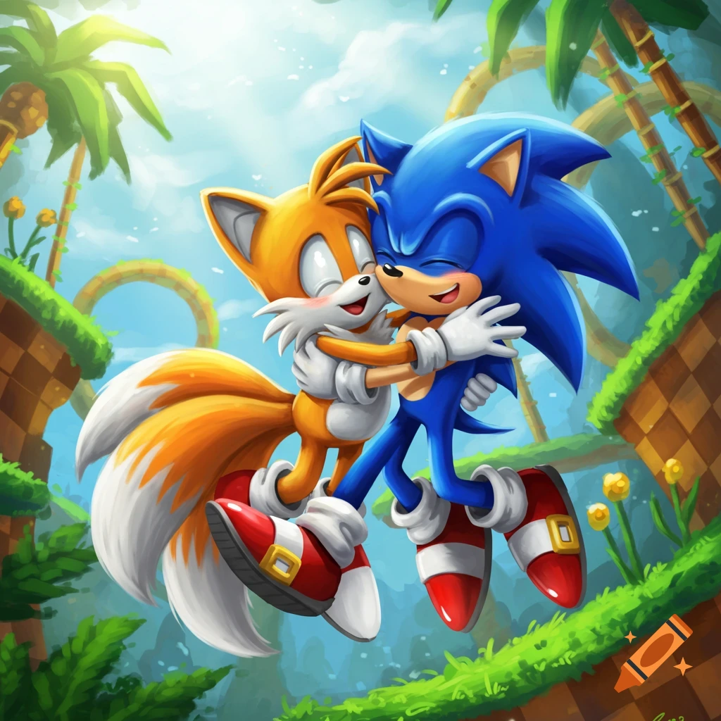 Sonic the Hedgehog and Miles 'Tails' Prower embrace happily in a bright, vibrant cartoon setting resembling Green Hill Zone.