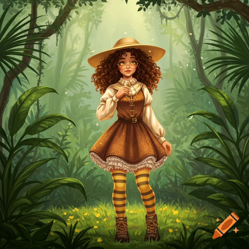 A young woman with curly brown hair, glasses, a hat, a brown dress, and striped stockings stands in a lush rainforest.