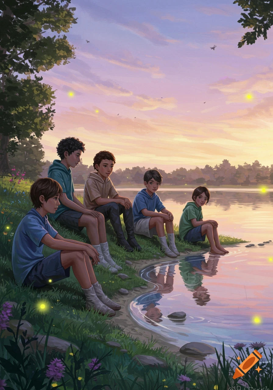An illustration of five boys sitting on a grassy bank by a lake at sunset, with fireflies glowing around them.