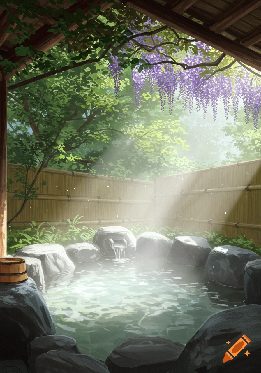 Serene outdoor hot spring with steam, surrounded by rocks, green trees, purple wisteria, and a bamboo fence.