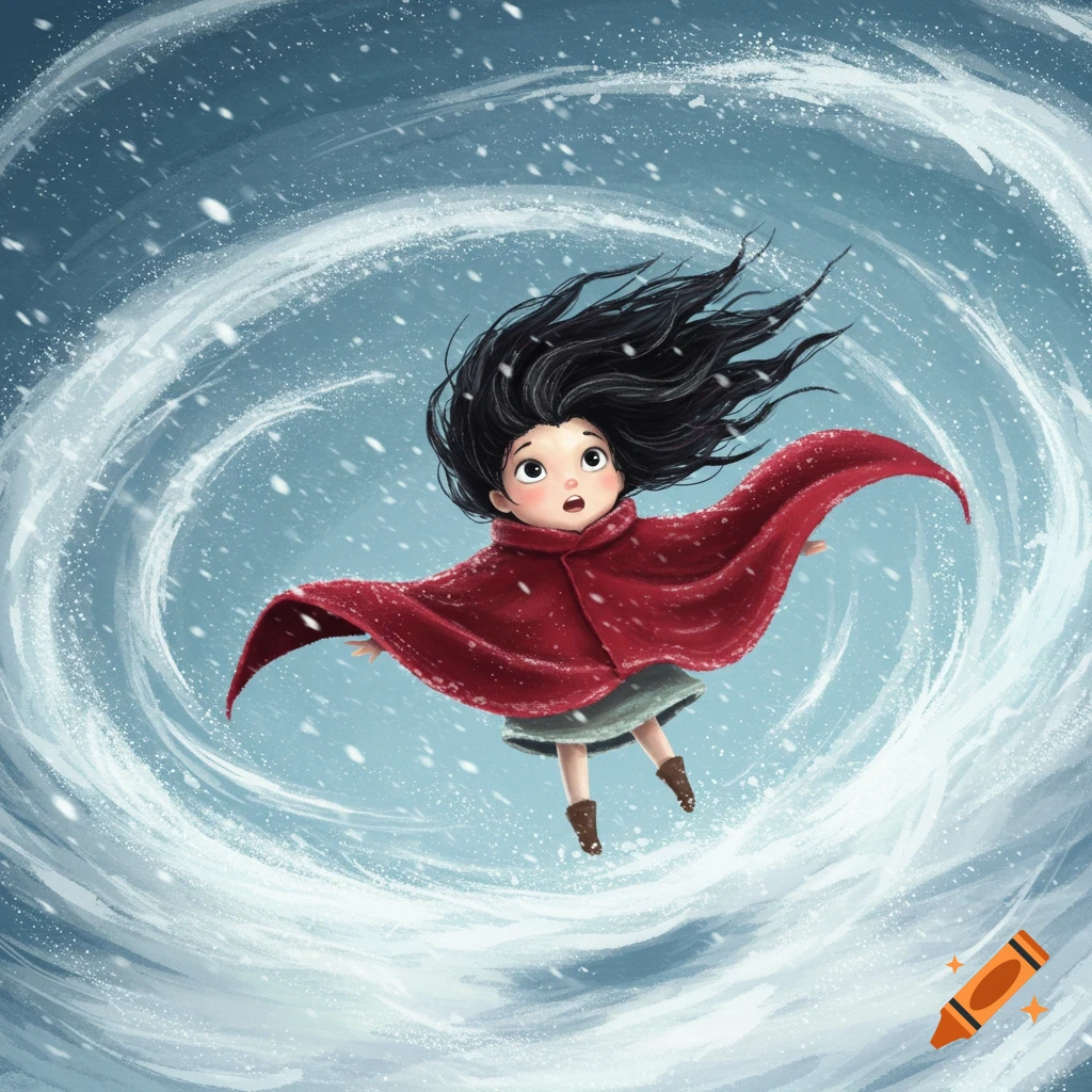 An illustration of a small girl with dark hair and a red cloak, flying amidst a swirling snowstorm.