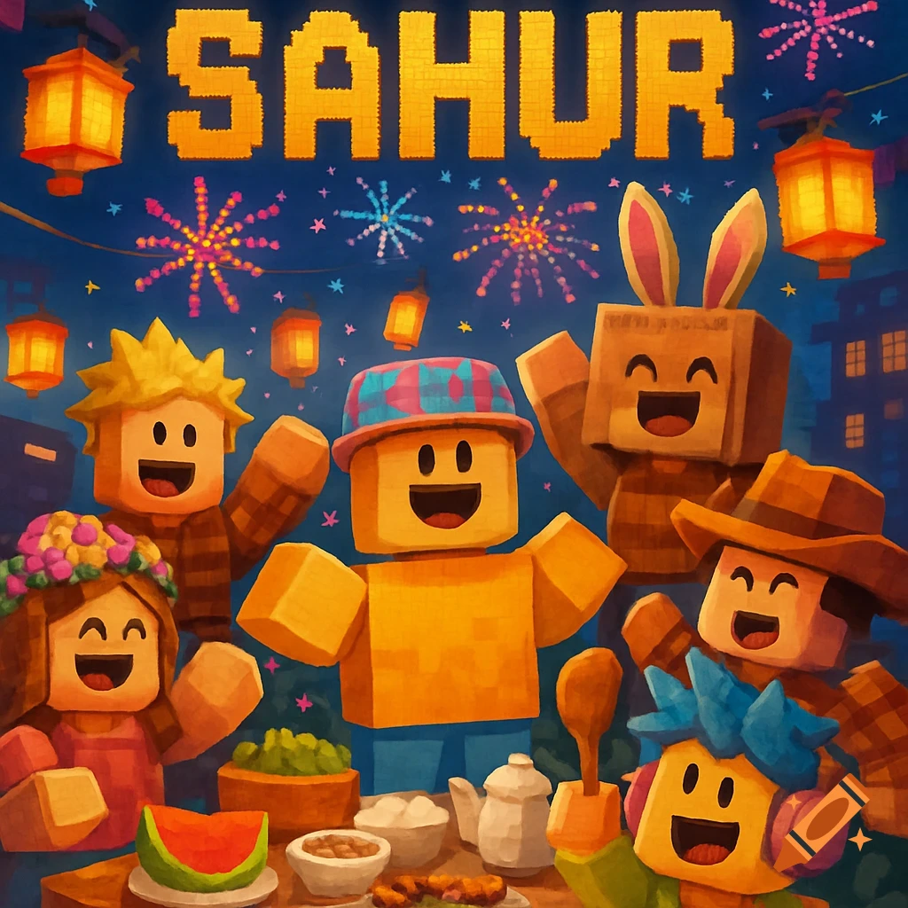 A colorful illustration in a blocky, Roblox-like style, showing cheerful characters celebrating under fireworks and lanterns, with the word "SAHUR" at the top.