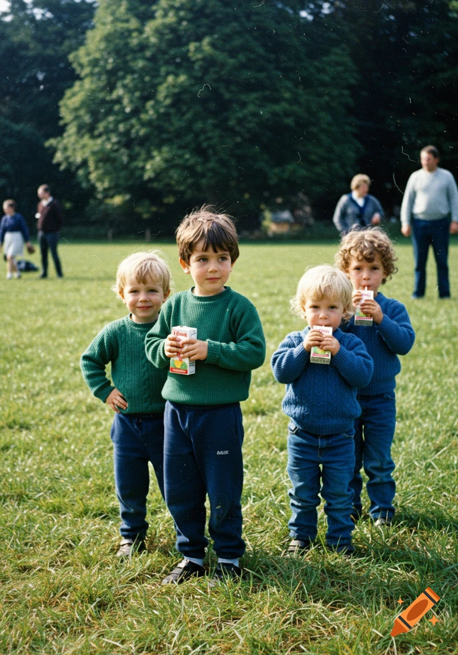 Four boys in sweaters and pants stand in a grassy field holding juice boxes, with adults in the background, in a 1980s photorealistic style.