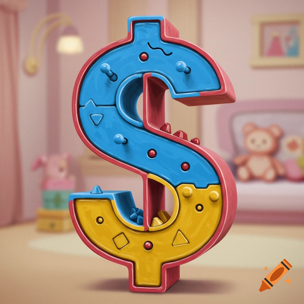 A colorful dollar sign shaped like a child's peg box, with blue and yellow sections, in a blurry child's room.