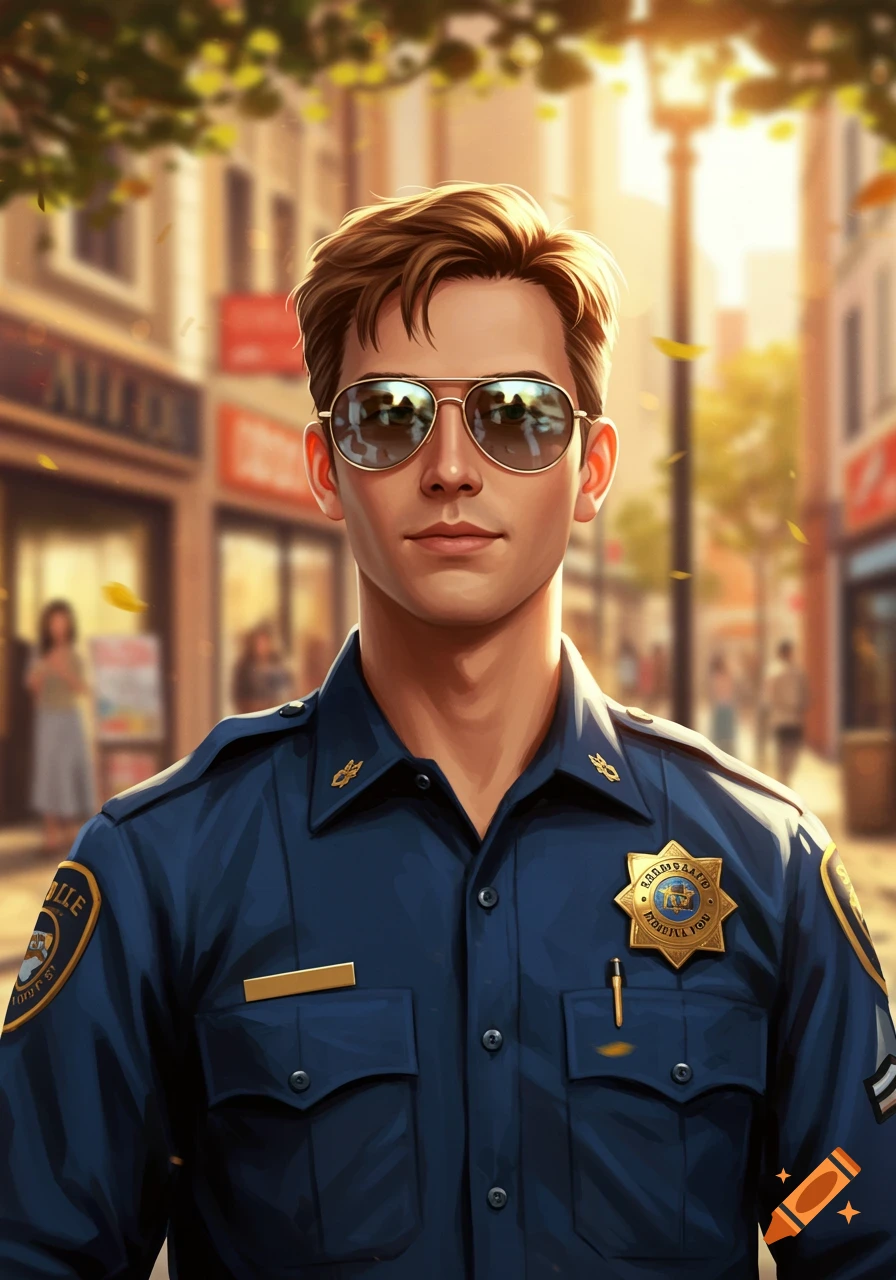 A stylized illustration of a young male police officer wearing sunglasses and a blue uniform, standing on a sunny city street.