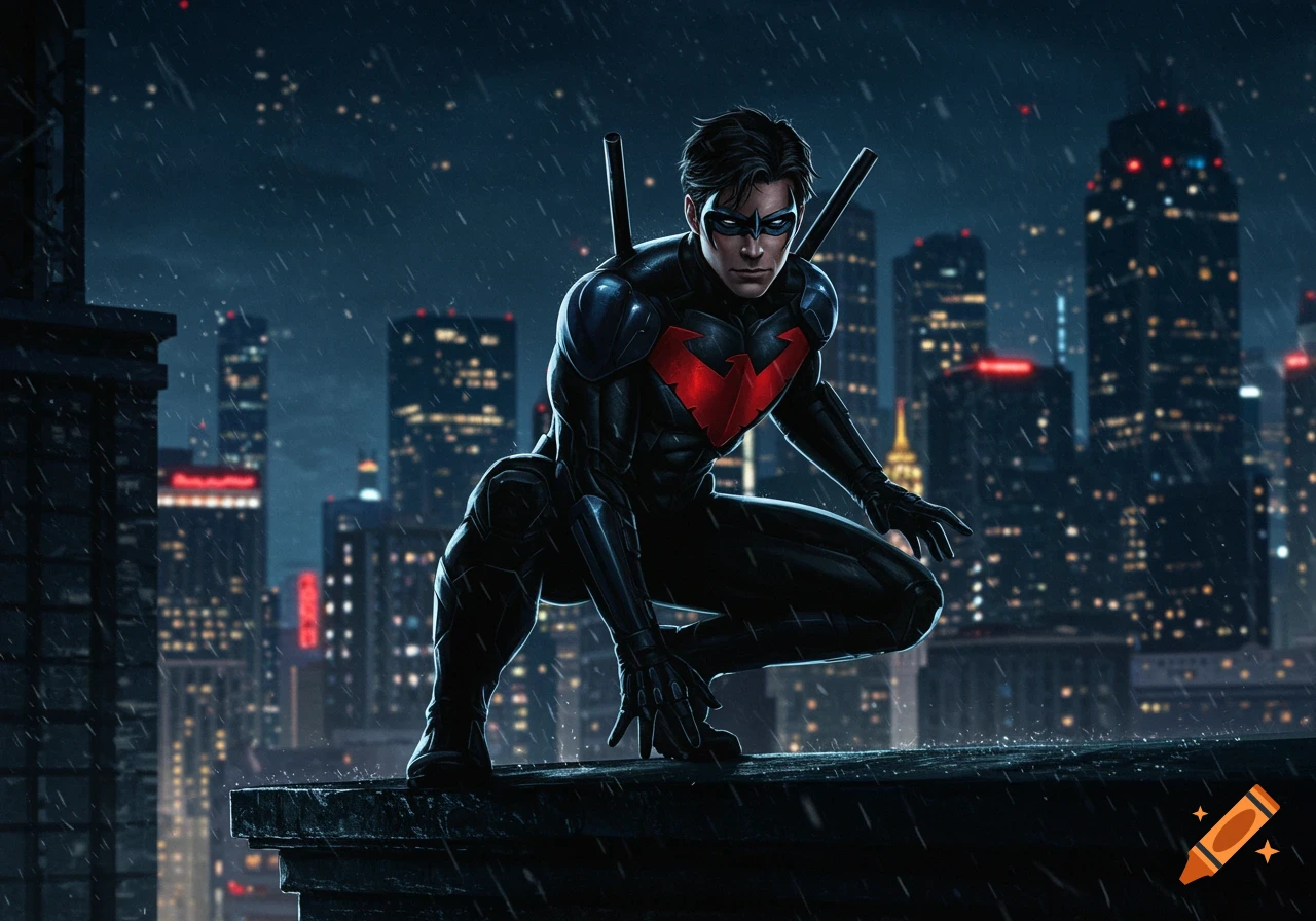 Nightwing, a superhero in a black and red suit with a mask, crouches on a rainy rooftop overlooking a dark, neon-lit city at night in a comic book art style.