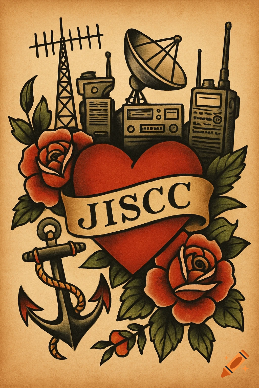 A Sailor Jerry style tattoo design featuring a red heart with a banner saying 'JISCC', surrounded by roses, an anchor, and communications equipment.