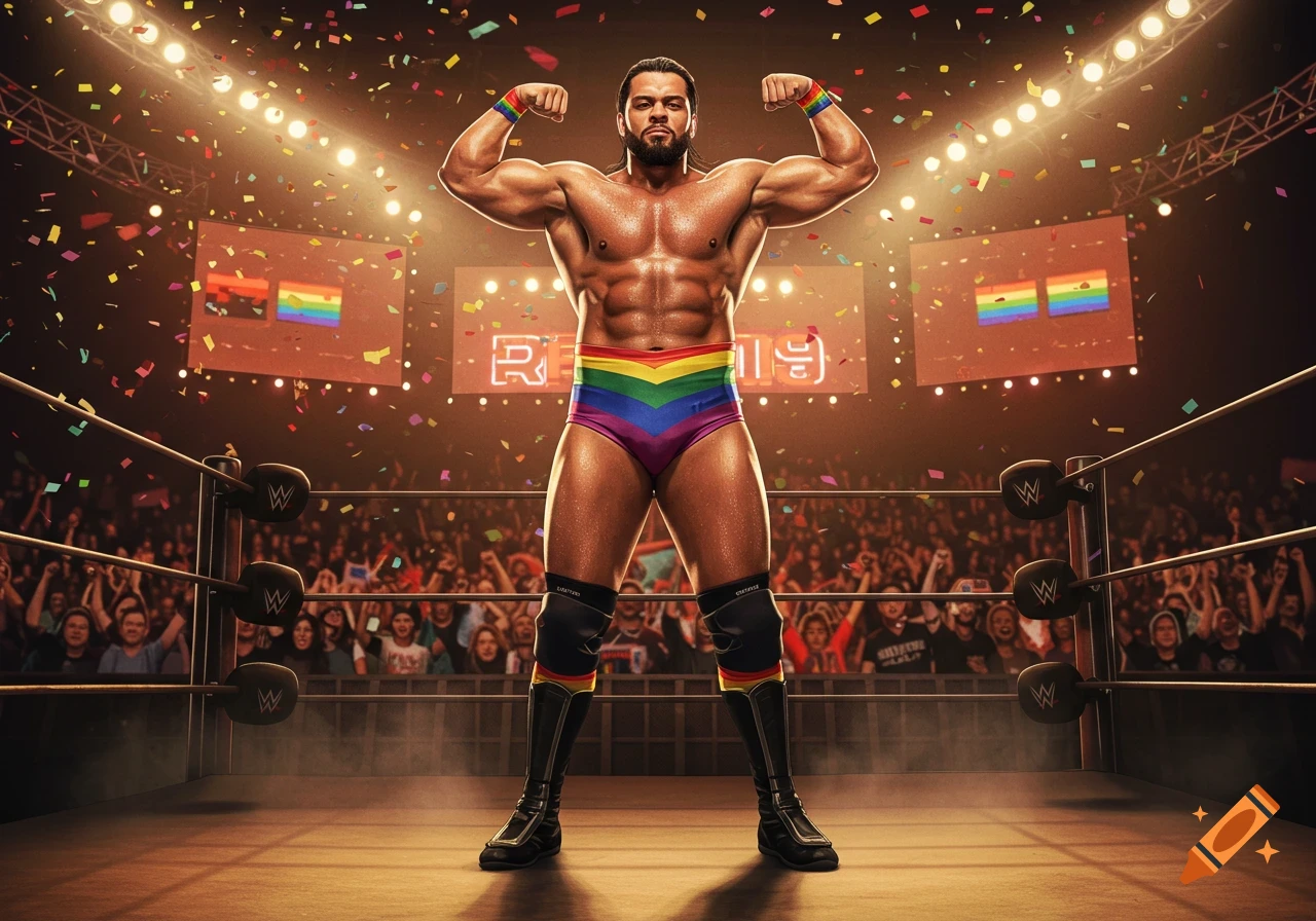 A muscular male wrestler in rainbow-colored trunks and wristbands flexes in a brightly lit wrestling ring filled with confetti, with a crowd and screens in the background.