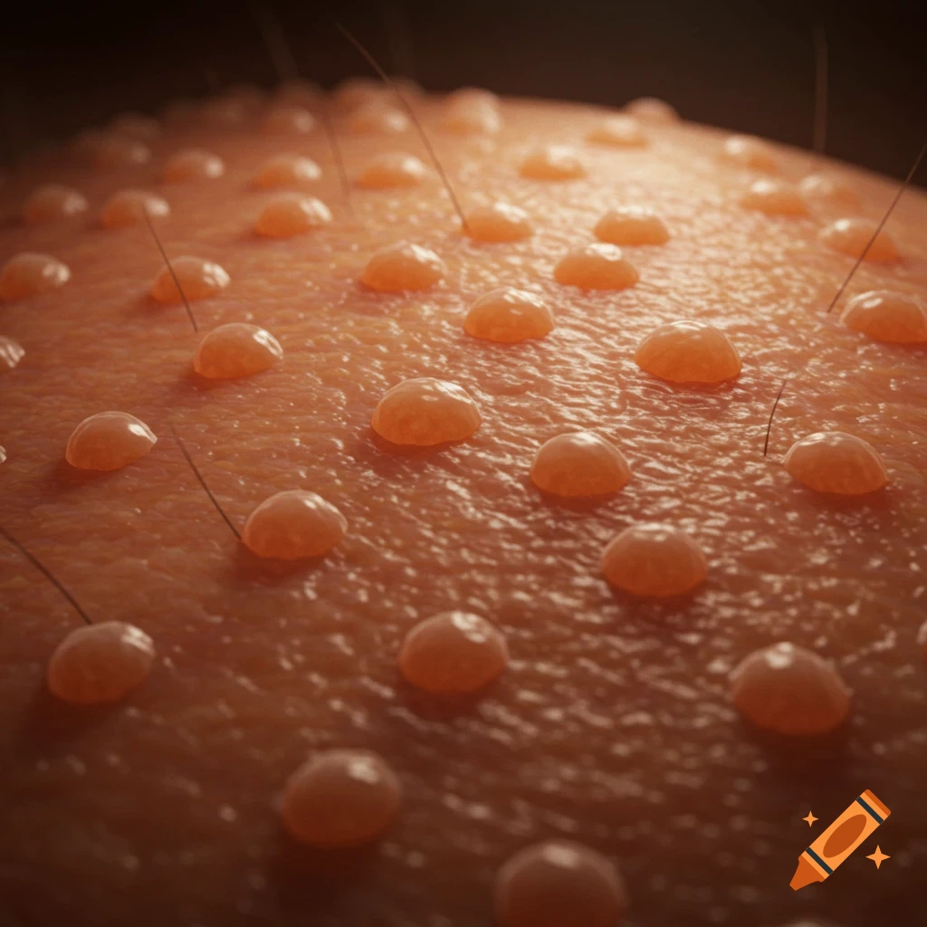 A highly detailed close-up of human skin with numerous small, translucent bumps and fine hairs, resembling goosebumps.