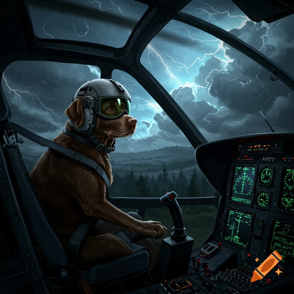 A chocolate labrador dog wearing a pilot helmet and goggles, flying a helicopter through a lightning storm.