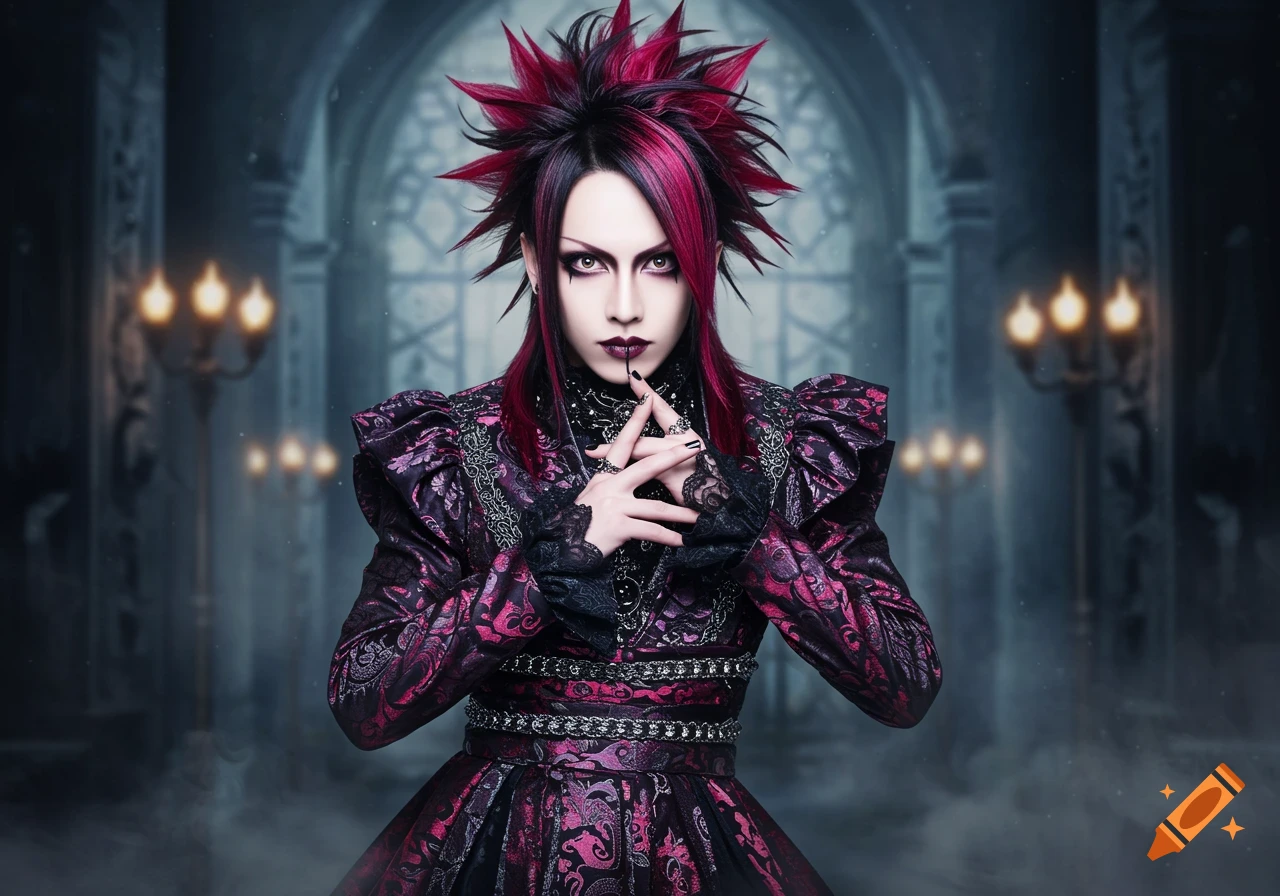 A person in elaborate black and purple Visual kei fashion with spiky red and black hair, dramatic makeup, and hands clasped, standing in a gothic hall.