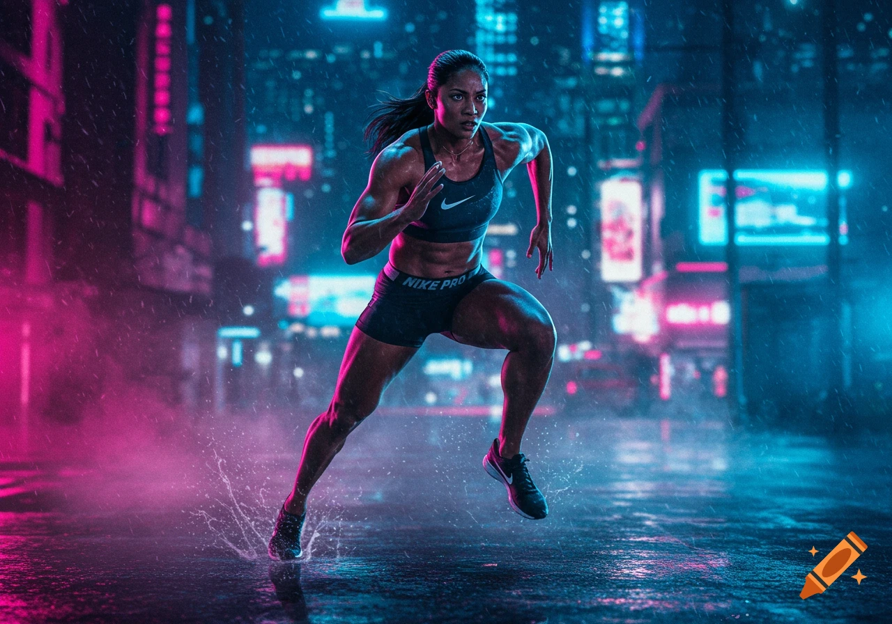 Muscular woman sprints through a rainy, neon-lit city street at night, splashing water. Photorealistic.