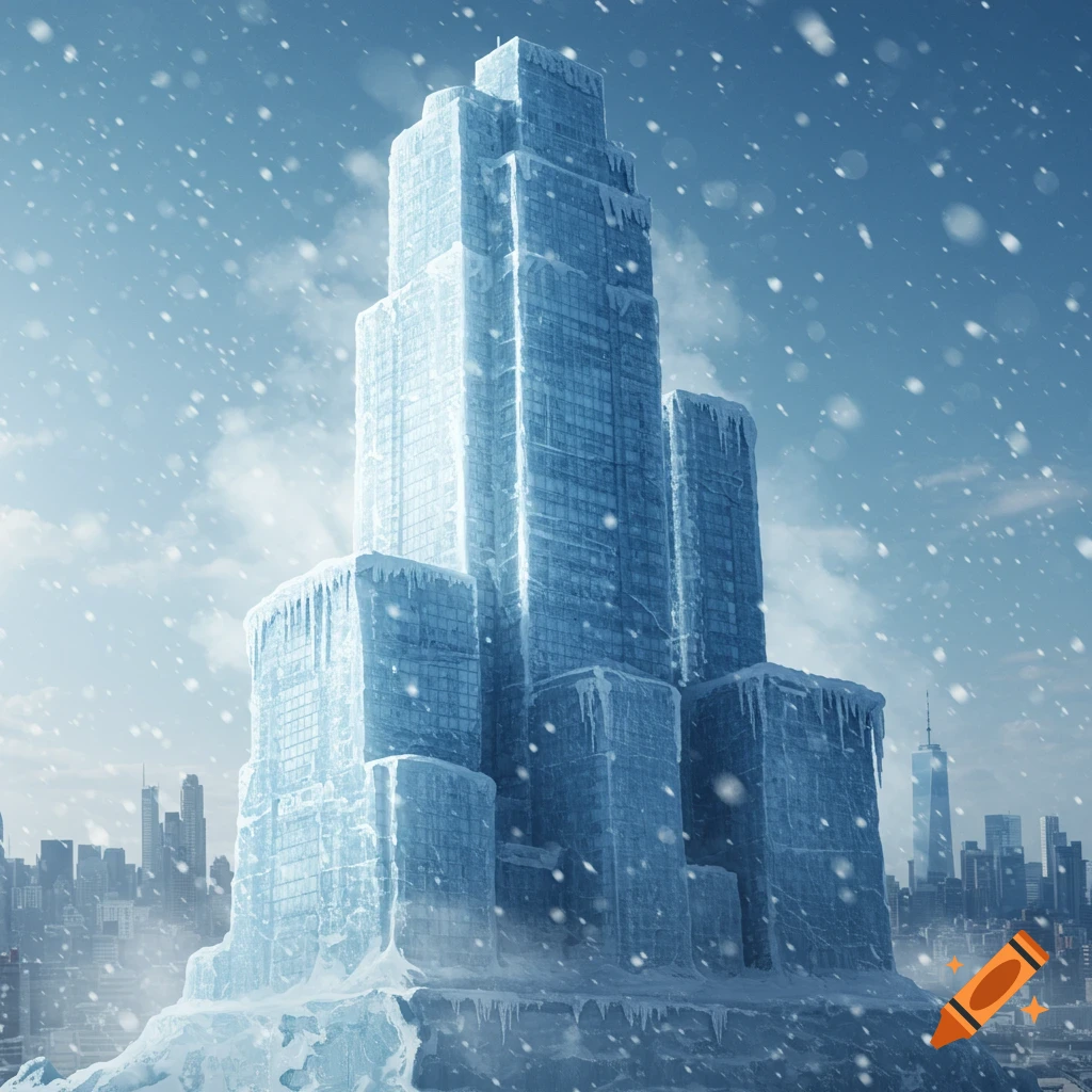 A tall, multi-tiered skyscraper made of glowing blue ice, covered in icicles and snow, stands in a snowy cityscape.