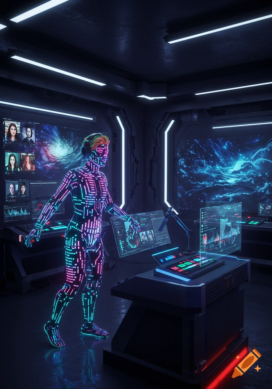 A glowing circuit-patterned figure in a futuristic control room with multiple screens displaying video calls and space scenes.