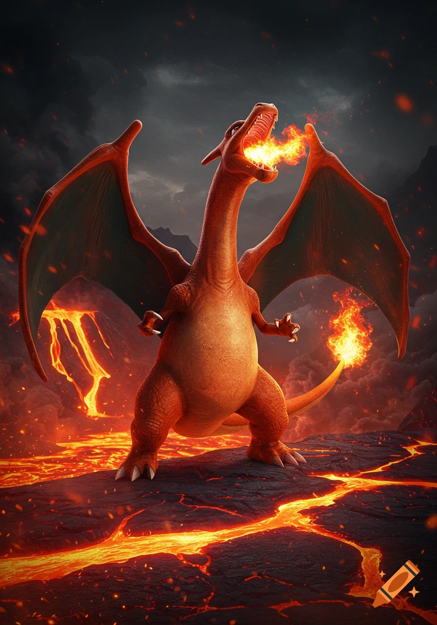 A realistic Charizard breathes fire while standing on a landscape of black rock and molten lava under a dark, stormy sky.