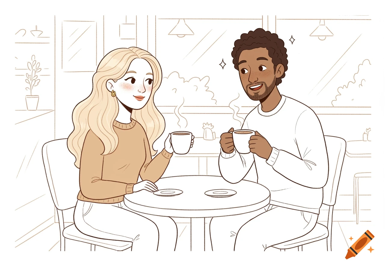 A cartoon-style line art illustration of a blonde woman and a dark-skinned man happily drinking coffee at a cafe table.