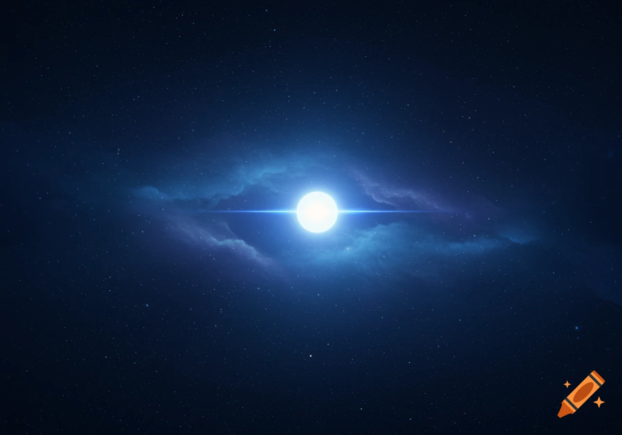 A brilliant white celestial body with a blue light streak surrounded by blue and purple nebulas and stars in dark space.