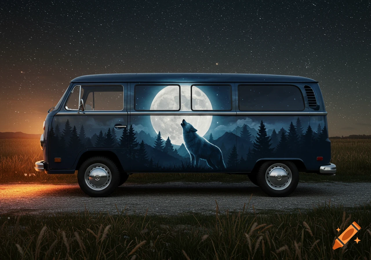 A dark blue Volkswagen van with a mural of a howling wolf against a large full moon and pine trees painted on its side, parked on a dirt road under a starry night sky.