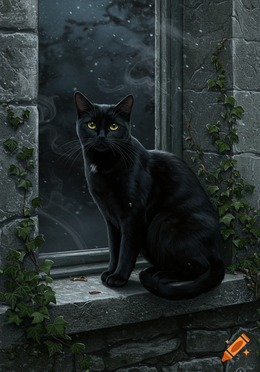 A black cat with bright yellow eyes sits on a stone window sill, framed by a dark, smoky night sky and ivy-covered stone.