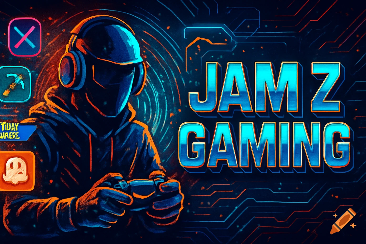 Stylized dark blue and orange illustration of a hooded gamer with headphones and controller, next to a large "JAM Z GAMING" logo and gaming icons.