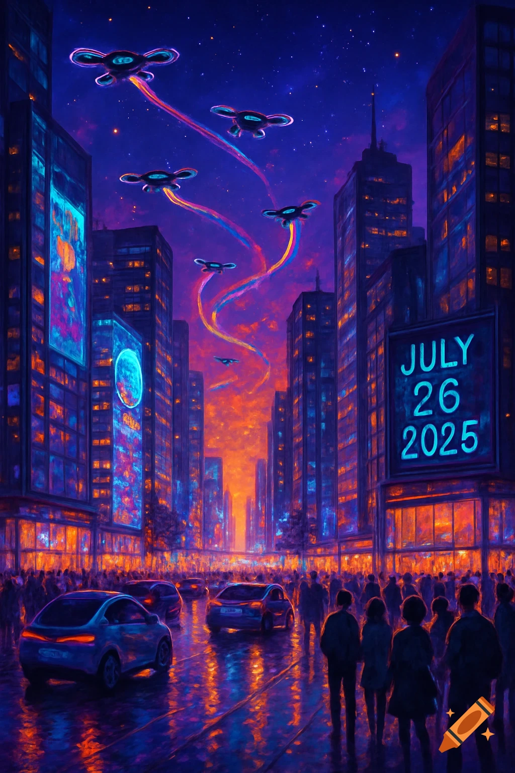 Vibrant futuristic city at night with drones flying over skyscrapers, a neon sign reads 'JULY 26 2025', and people on the street.