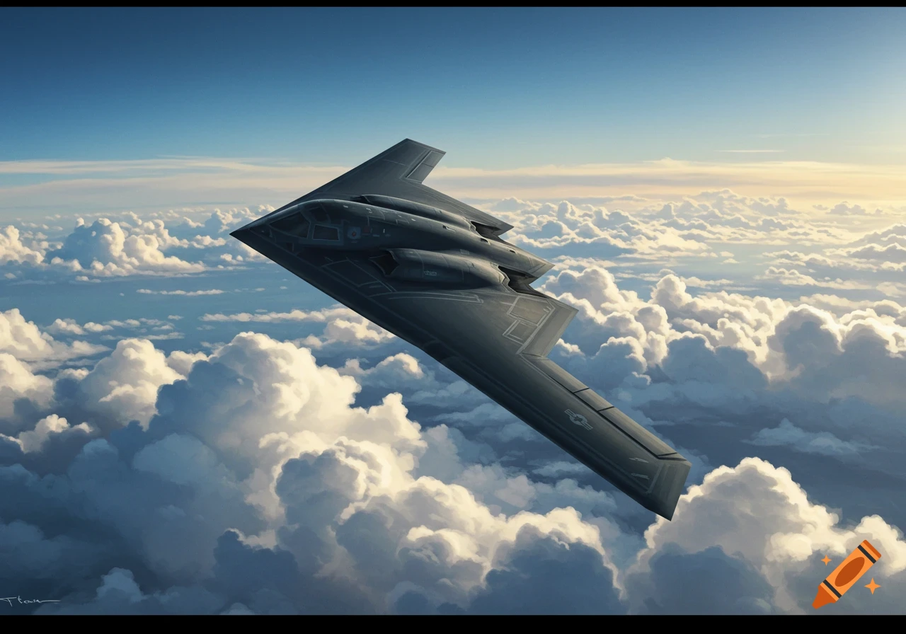 A photorealistic B-2 bomber jet flies through white clouds in a blue sky.