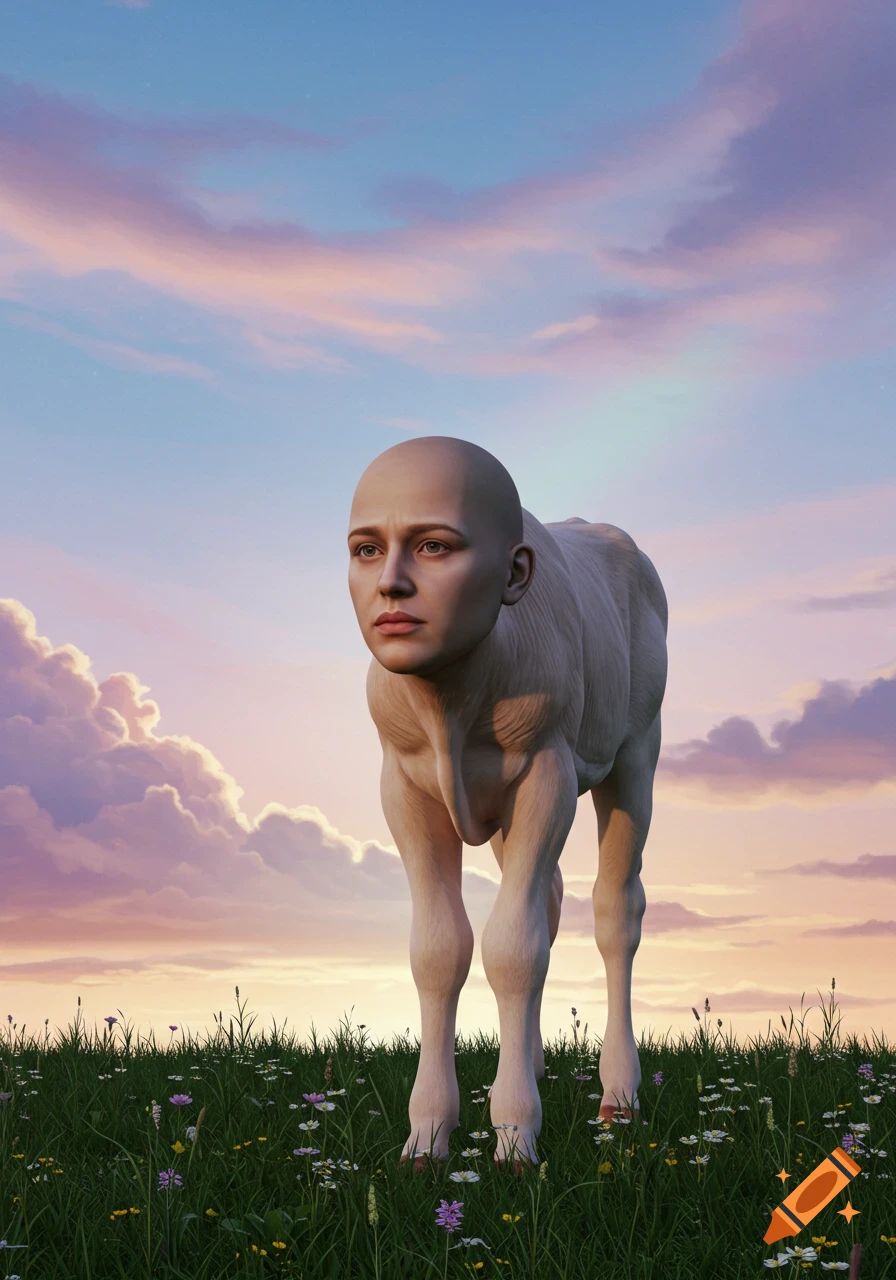 A surreal creature with a human head and a muscular quadrupedal body stands in a grassy field under a sunset sky.