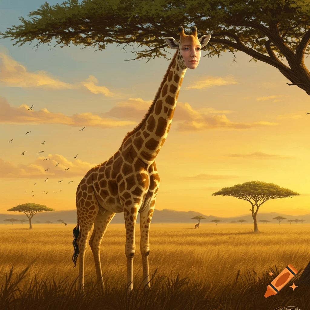 A surreal image of a giraffe with a woman's face standing in a savanna at sunset with acacia trees.