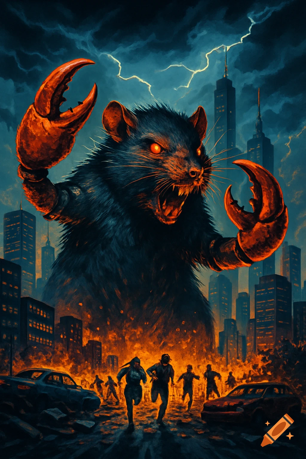 Giant rat with glowing red eyes and crab claws attacks a burning city under a stormy, lightning-filled sky as people flee.