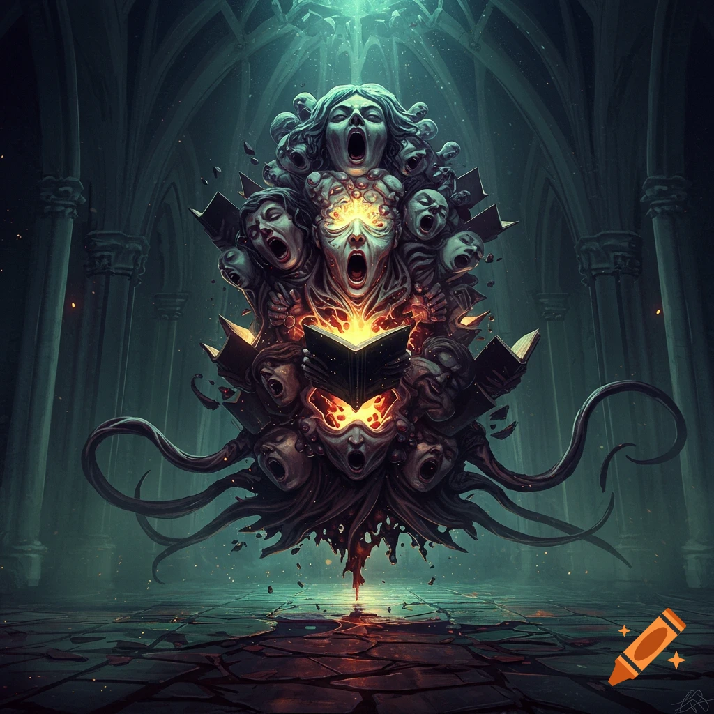 A dark, grotesque creature made of screaming faces and books floats in a gothic hall, glowing with ominous energy.