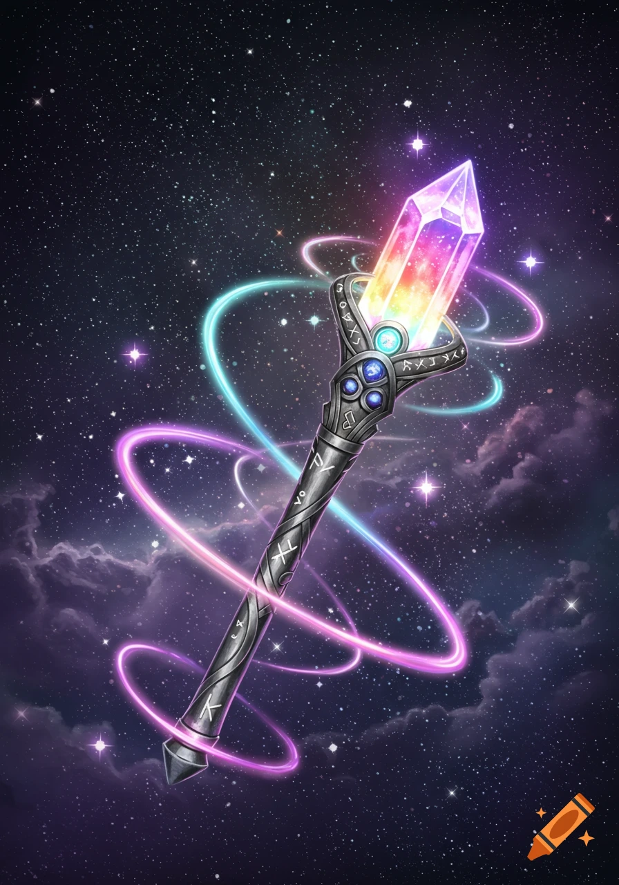 A fantasy-style magical wand with a glowing rainbow crystal and ancient runes, surrounded by colorful light trails, set against a cosmic background of stars and nebulae.