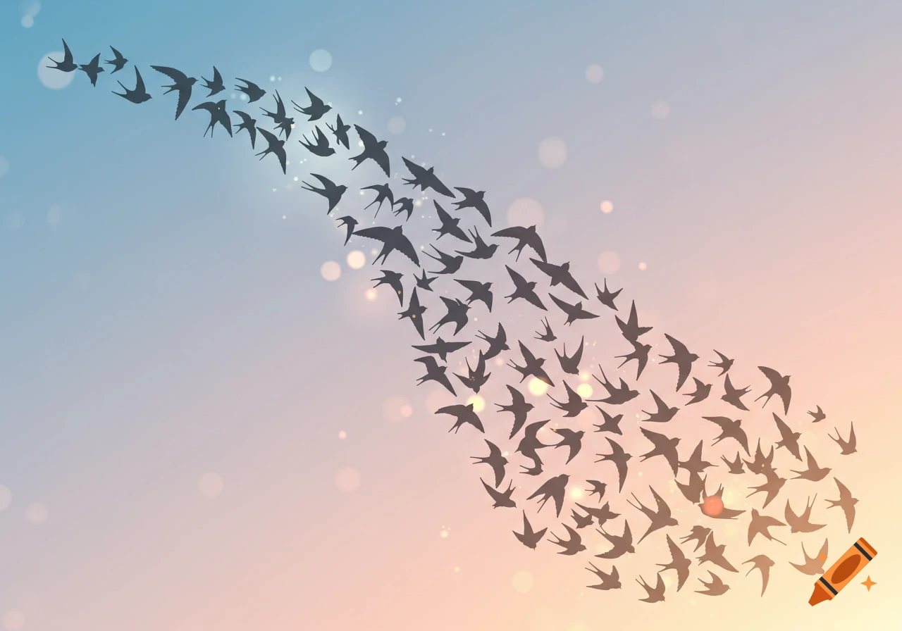 A flock of black swallow silhouettes flying in a wing-like formation against a pastel blue and orange gradient sky with bokeh lights.
